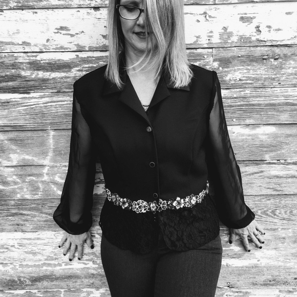 Vintage 80's 90's Sheer Black Top Jacket Lace Silv - Picture 4 of 8